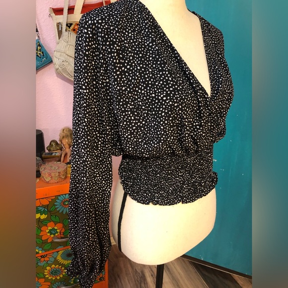 Long Sleeve Black + White Polka Dot V-Neck - Picture 3 of 15